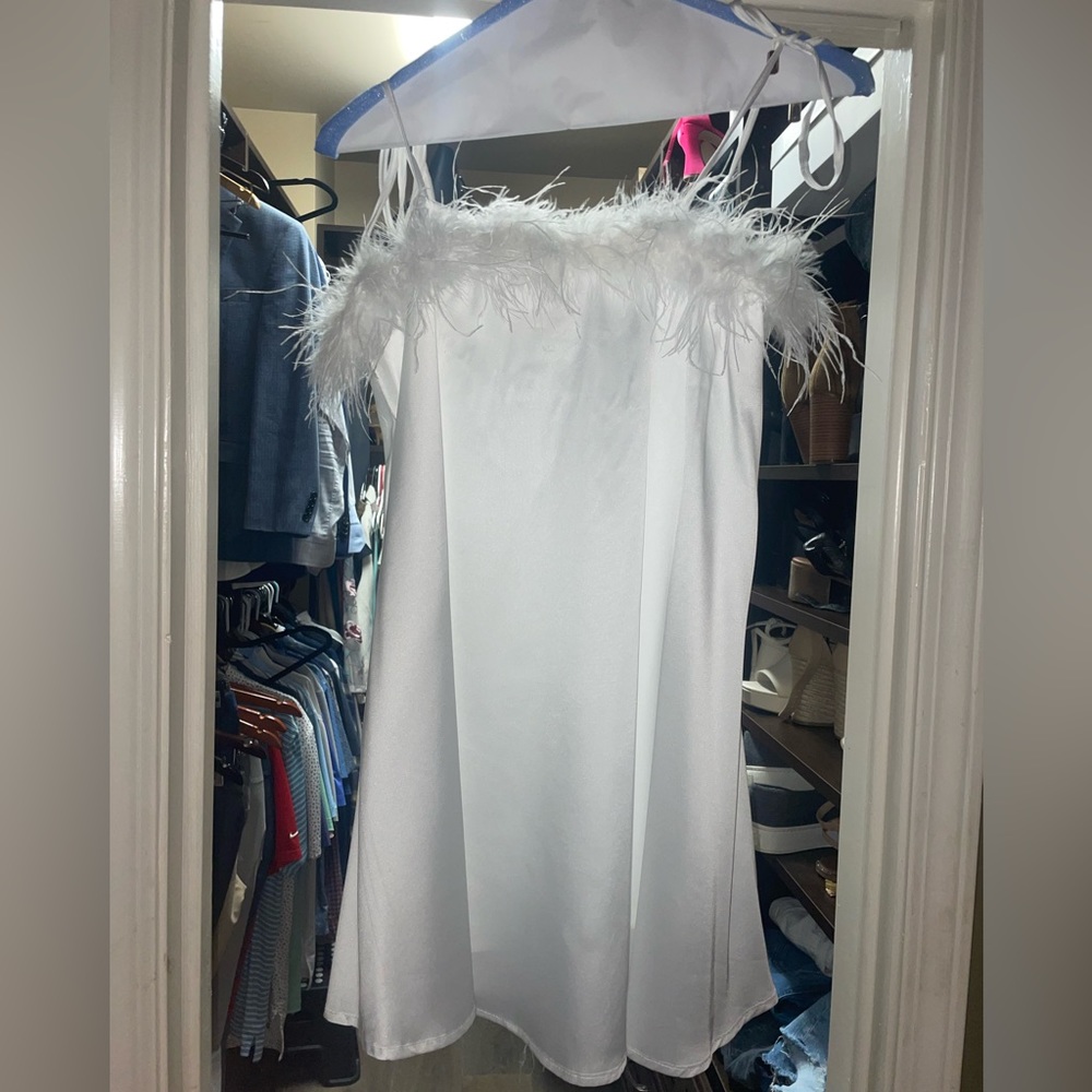 White satin night slip with feathers